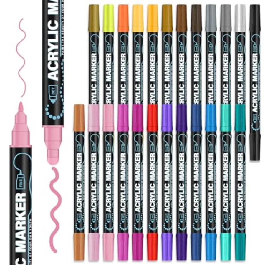 Acrylic Paint Markers, 24 Colors Dual Tip Acrylic Paint Pens for Rock Painting, Fabric, Wood, Canvas, Stone, Glass, Scrapbook,
