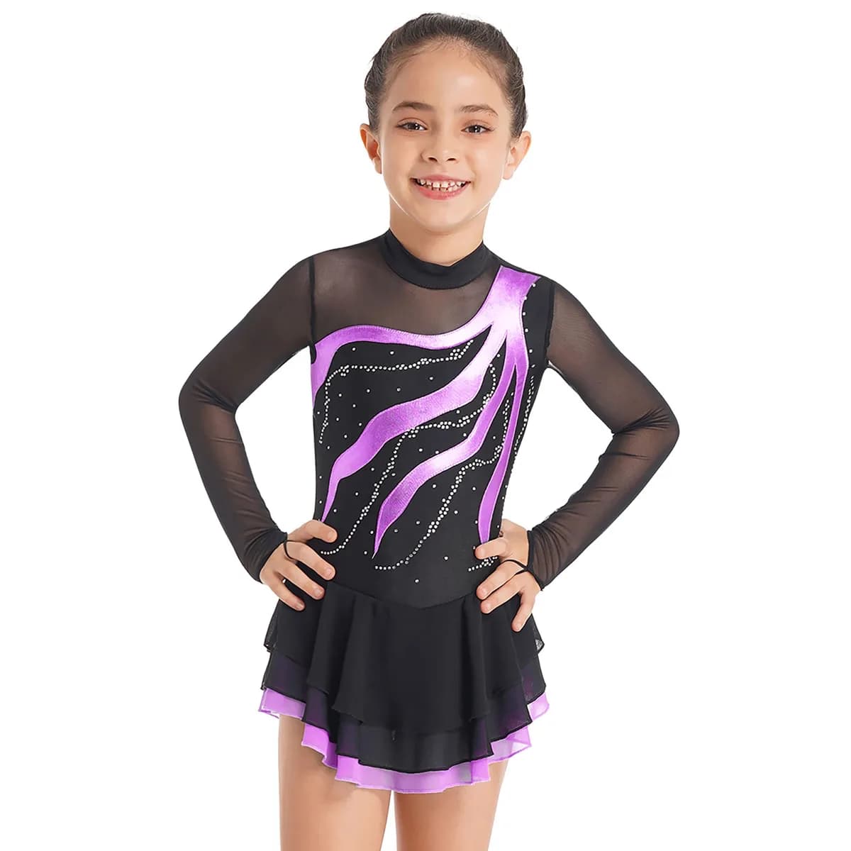 Bambini Ragazze Balletto Ginnastica Body Abito Maglia Maniche Lunghe Pattinaggio di Figura Costumi di Spettacolo Teatrale Strass Dancewear