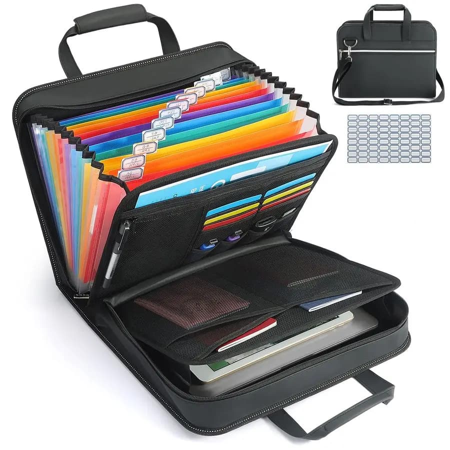 Organizzatore per documenti a fisarmonica in pelle PU con maniglia e tracolla, cartella espandibile a 12 tasche con cerniera ed etichette, portadocumenti portatile