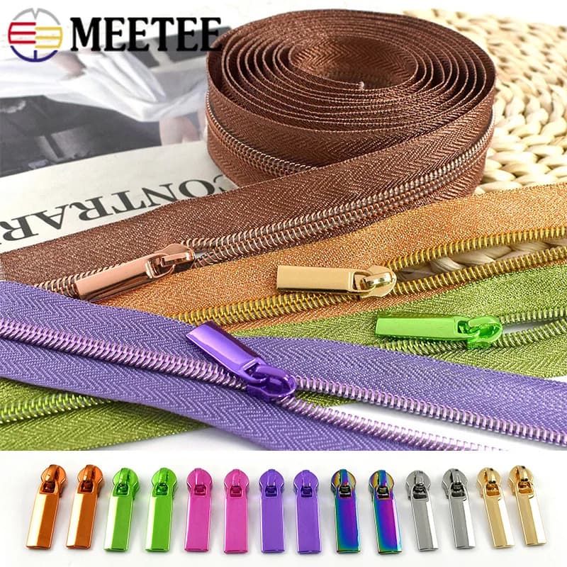 Meetee 1-5M 5 # Cerniere in nylon + Cursori per cerniere per cucito di capi d'abbigliamento, Rotolo di cerniere in plastica per borse, Kit di riparazione cerniere per tessili domestici, Accessori