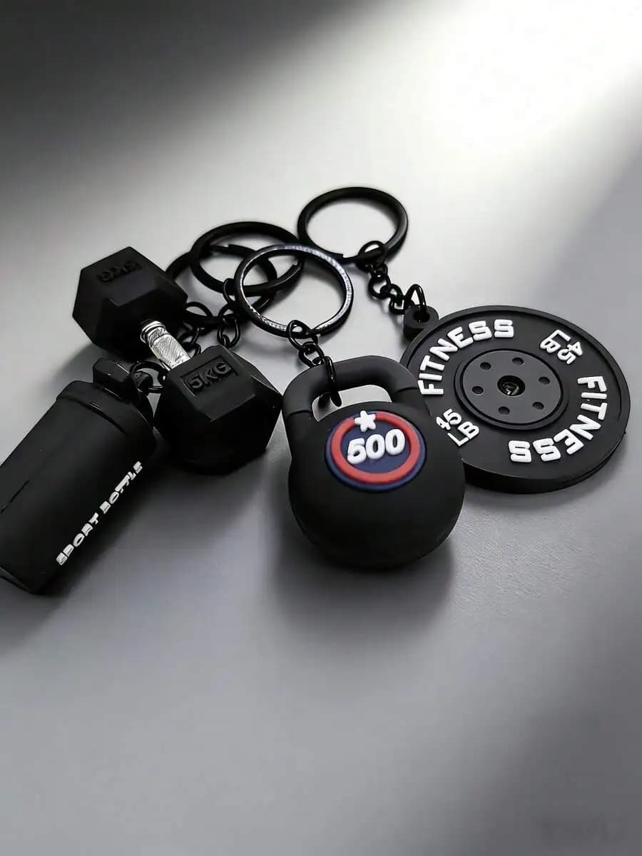 4pcs Black Mini Fitness Equipment Keychain Set Dumbbell Kettlebell Water Bottle Weight Plate Charms For Sports Enthusiasts