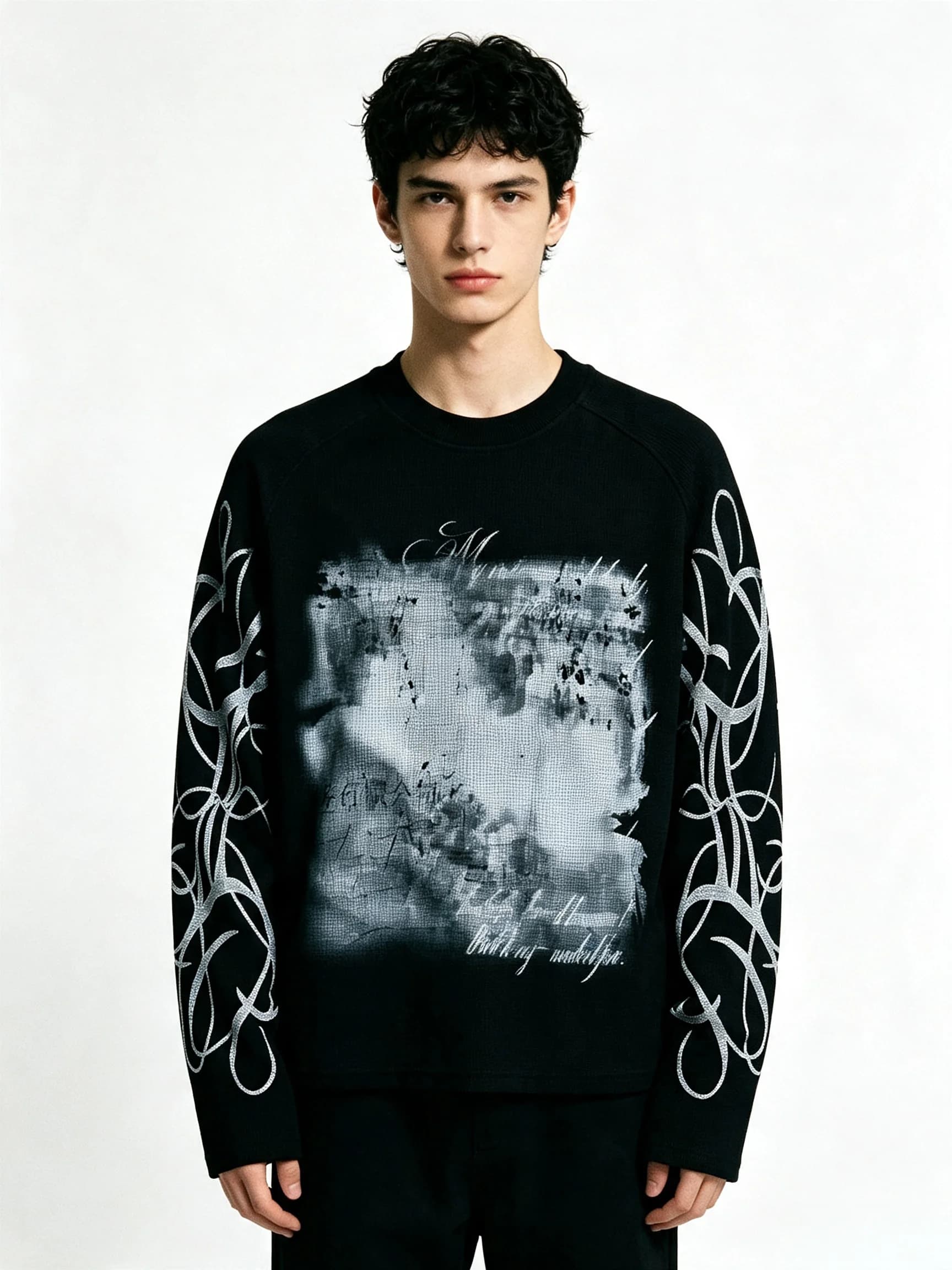 Men's Y2K pattern long sleeved waffle knit abstract Gothic printed sleeve cut T-shirt punk streetwear pullover