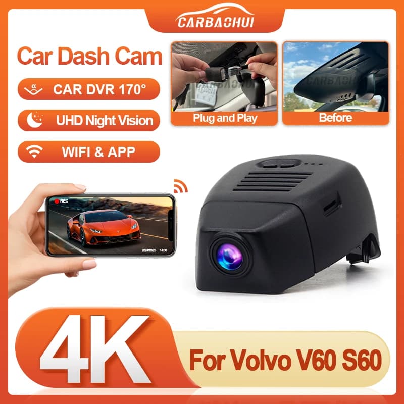 For Volvo V60 S60 2018-2022 Dash Cam UHD 4K 2160P Plug and Play, Car Recorder with WIFI, DVR Car Registration Device