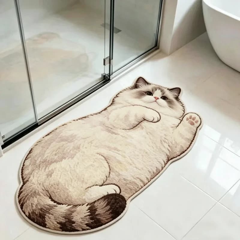 VIKAMA Cute Realistic Ragdoll Cat Shaped Bath Mat Non Slip Water Absorbent Rug Shower Tub Side Bedroom Aesthetic Home Decor