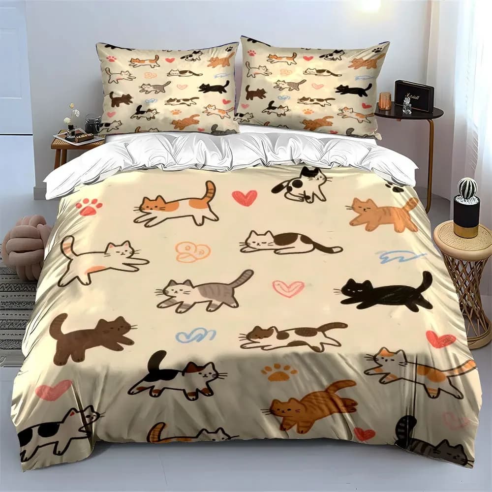 Set di biancheria da letto decorativa con motivo gatto carino, con 1 copripiumino e 2 federe, singolo, matrimoniale, king, queen, regalo