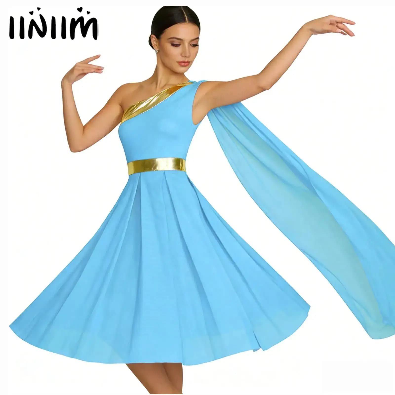 Costume da donna per spettacoli di danza classica, culto lirico, lode, monospalla, con drappeggio, abito a tunica con orlo a fessura lucido metallizzato