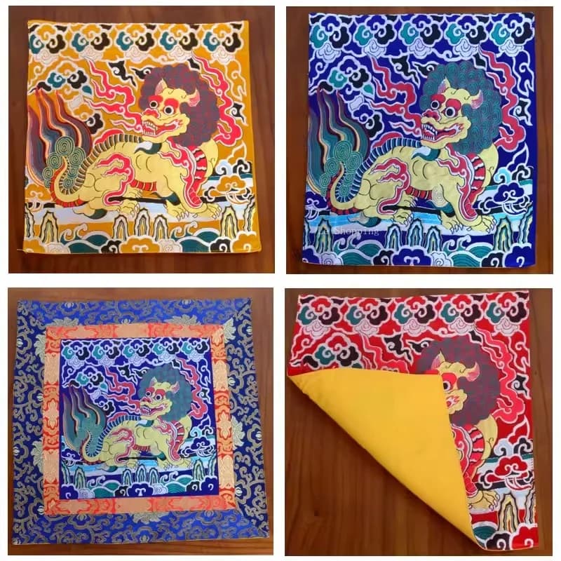 31*35cm/54*50cm Tibetan Tablecloth Blue Red Yellow Unicorn Pattern Temple Offering Table Decoration Tribute Bell Pestle Mat