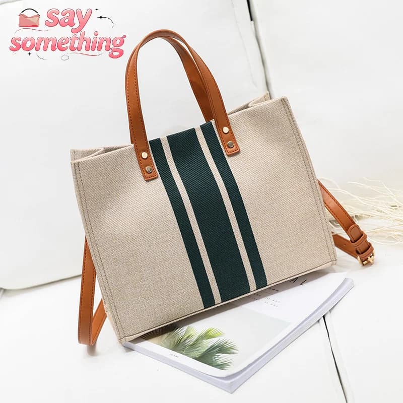 Large Capacity Canvas Tote Shoulder Top Handle Bag Women Korean Style Striped Simple Commuter Briefcase Handbag