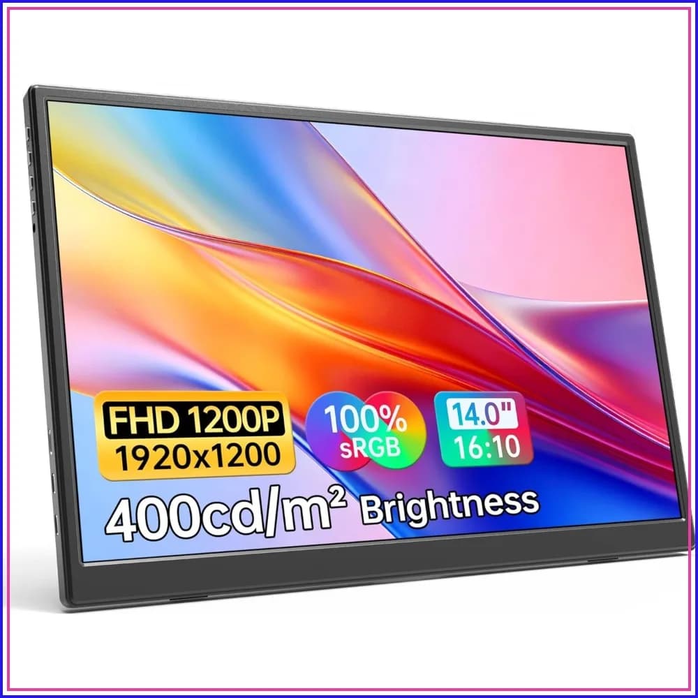 14" 1200P FHD+ Portable Monitor 100% sRGB Travel Display HDMI/USB-C for Laptop, Phone, PS, Xbox, Switch, Mac, PC - Built-in Speakers & Stand