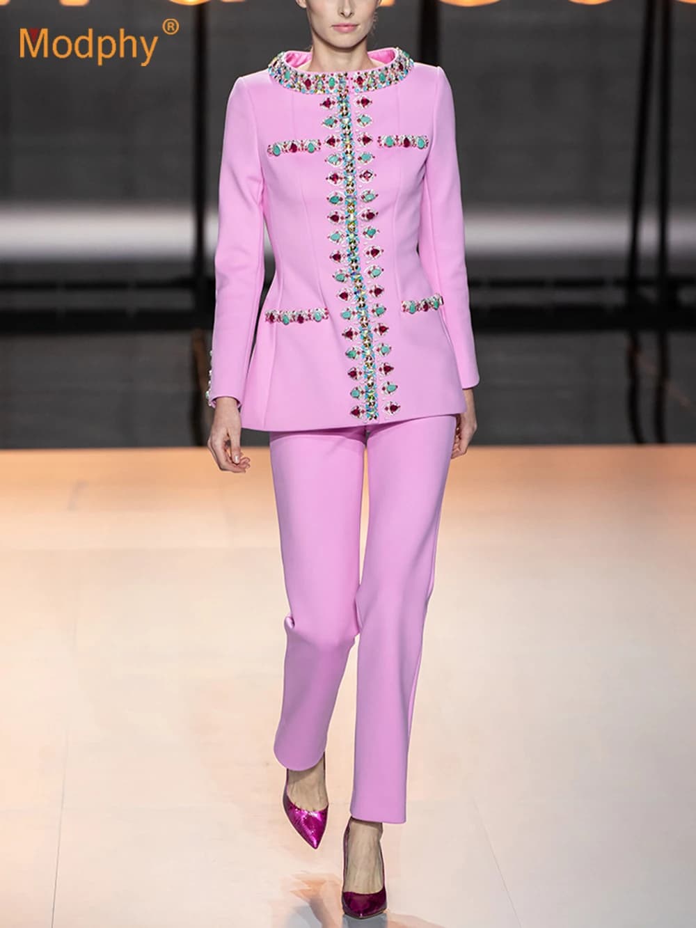 Modphy New Arrivals 2026 Designer Luxury Diamond Bead Suit Set Women's Hidden Button Blazer Pink Pencil Pants Suit 2pcs Outfit