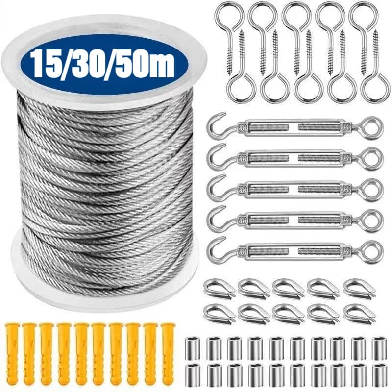 15/30/50m Stainless Steel Cable Cables Kit Heavy Duty Garden Cable Balcony Wall Clasp Farm fence 304 Rolled PVC Coating