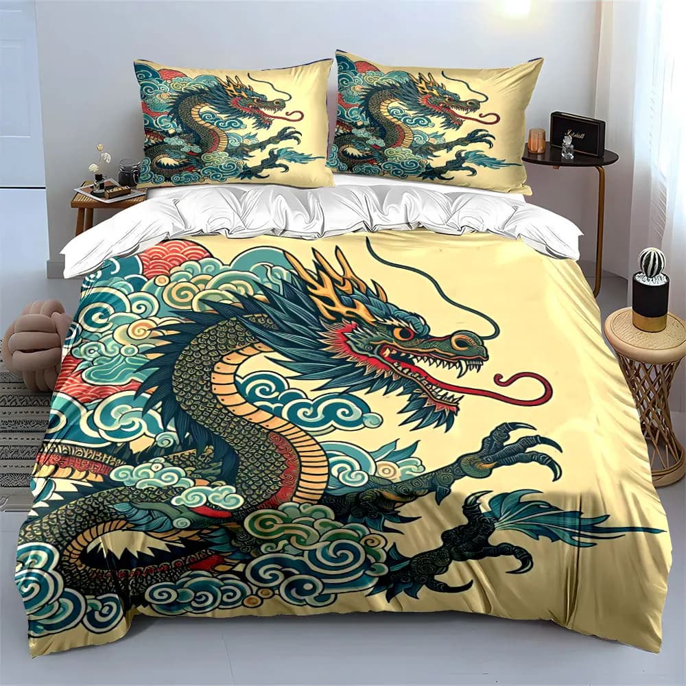 Set di biancheria da letto con drago cinese tradizionale da 3 pezzi, copripiumino con stampa verde acqua e oro + 2 federe, decorazioni culturali