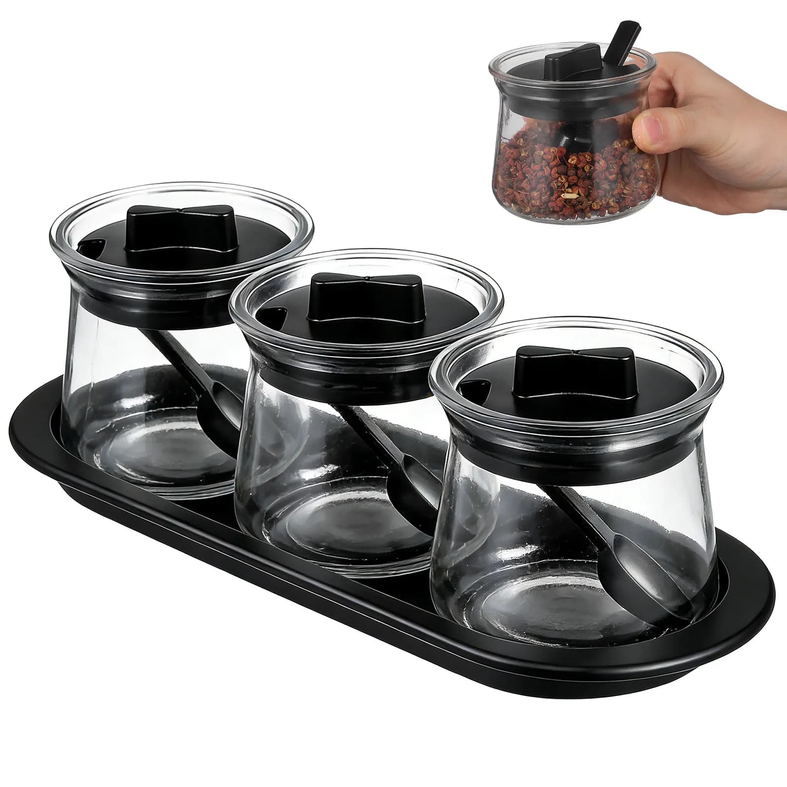 Set di 3 barattoli per condimenti in vetro trasparente con coperchio, vassoio e cucchiaio, contenitore per spezie da cucina, organizer per la conservazione