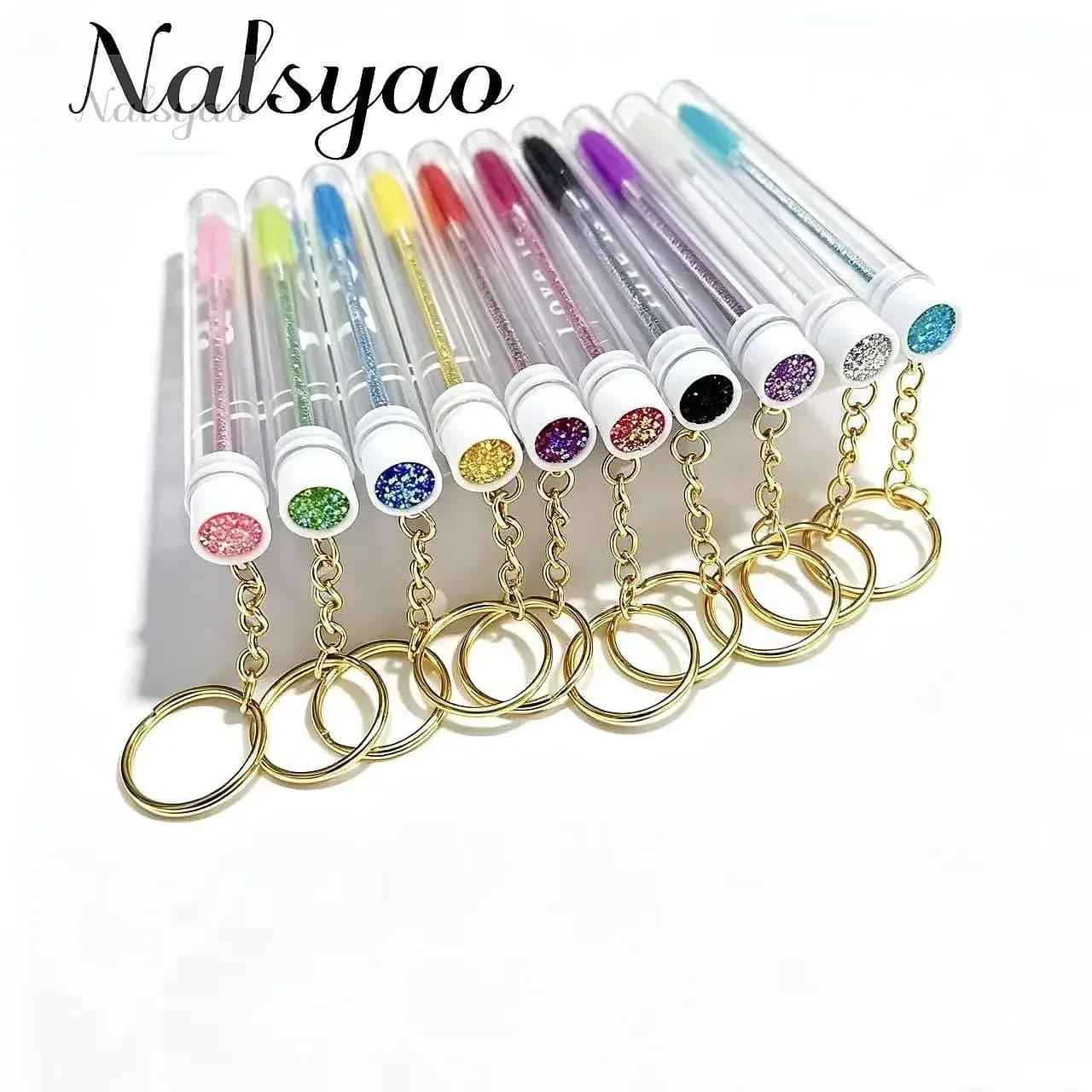 10 Pcs Mascara Tube Eyelash Brush with Gold Keychain Glitter Wand for Women Lash Extension Micro Comb Container