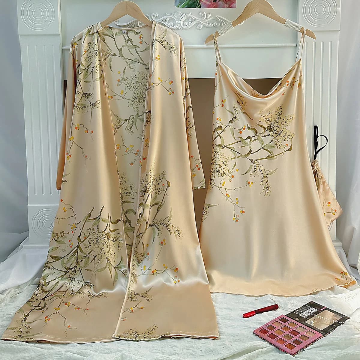 2 pcs print gown set woman chemise night shirt kimono summer nightwear satin dress nightdress nightdress