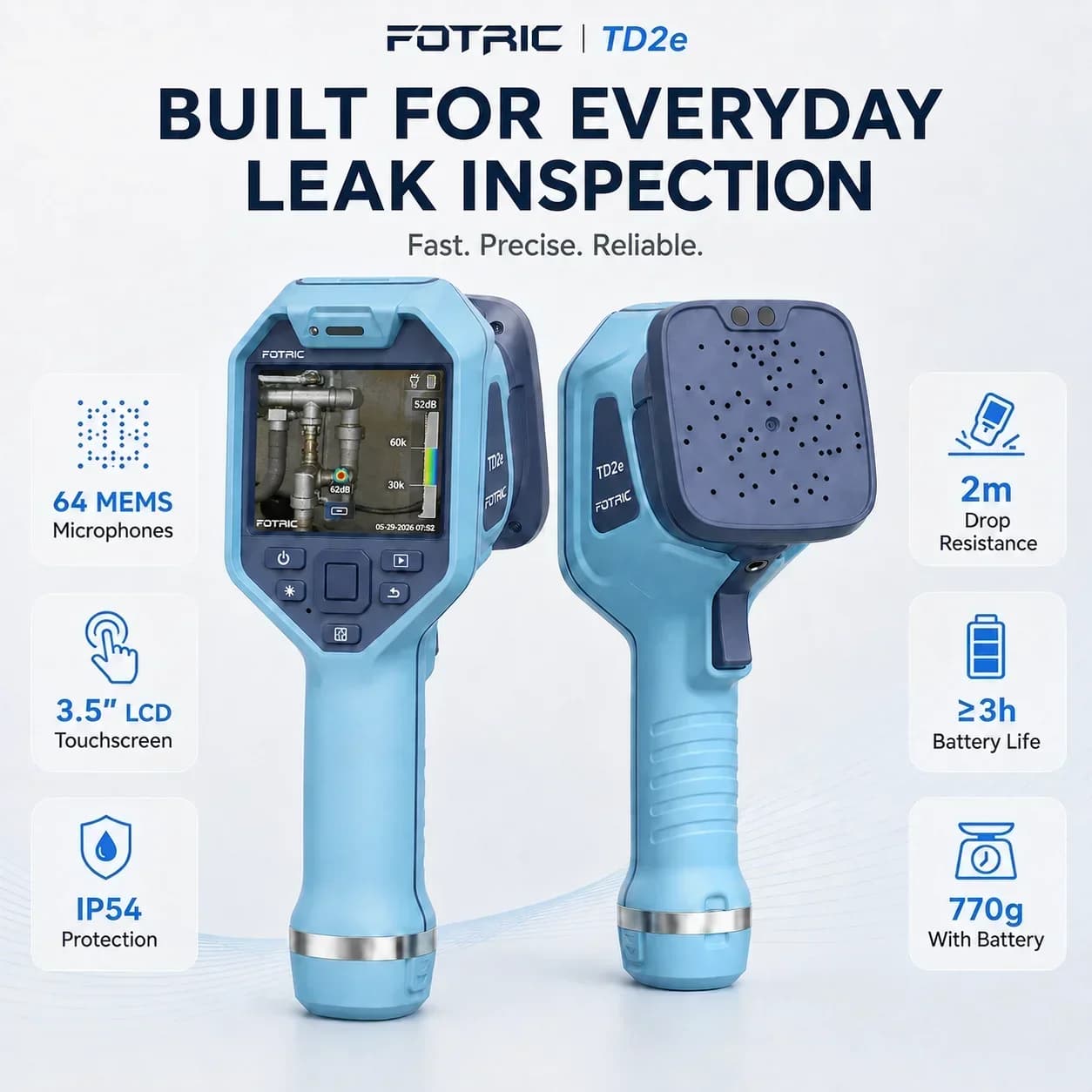 FOTRIC TD2e 64 MEMS Acoustic Imager Ultrasonic Leak Detector Camera 0.3-60m 2kHz-100kHz for Automotive Wind Noise Door Window Seal Tire Hose Air Vacuum Gas Leak Test Compressed Air Pipe HVAC Maintenance Sound Source Locator IP54 3.5in 5MP Touchscreen Tool