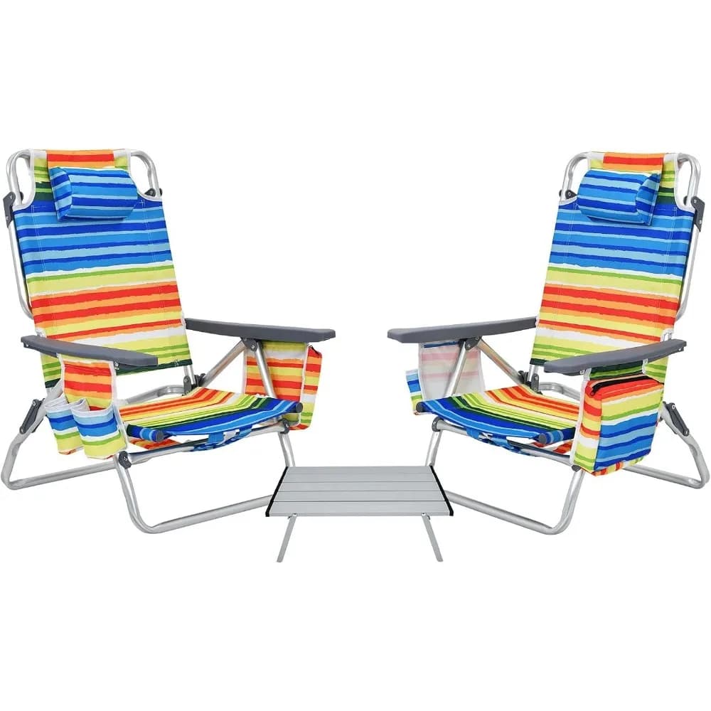 Folding Beach Chair with Adjustable Positions, Pillow, Storage, Towel Bar, Cup Holders and Backpack for Outdoor Activities