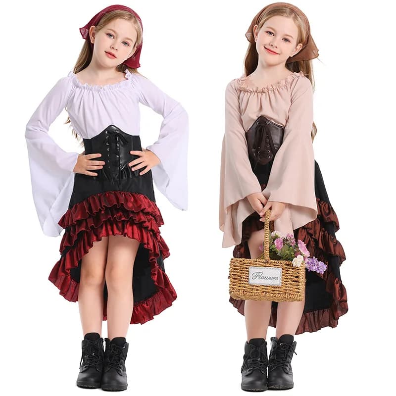 Costume cosplay di corte medievale per ragazze Ragazzo Ragazza Gonna con bordi in pizzo per bambini Costume da pirata di corte Costume di Halloween