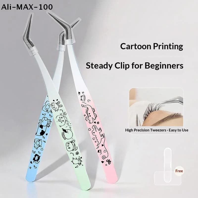 【MA3】Pinzette per ciglia finte con stampa cartoon, in acciaio inossidabile, curve, professionali, per extension ciglia 3D, strumenti per il trucco