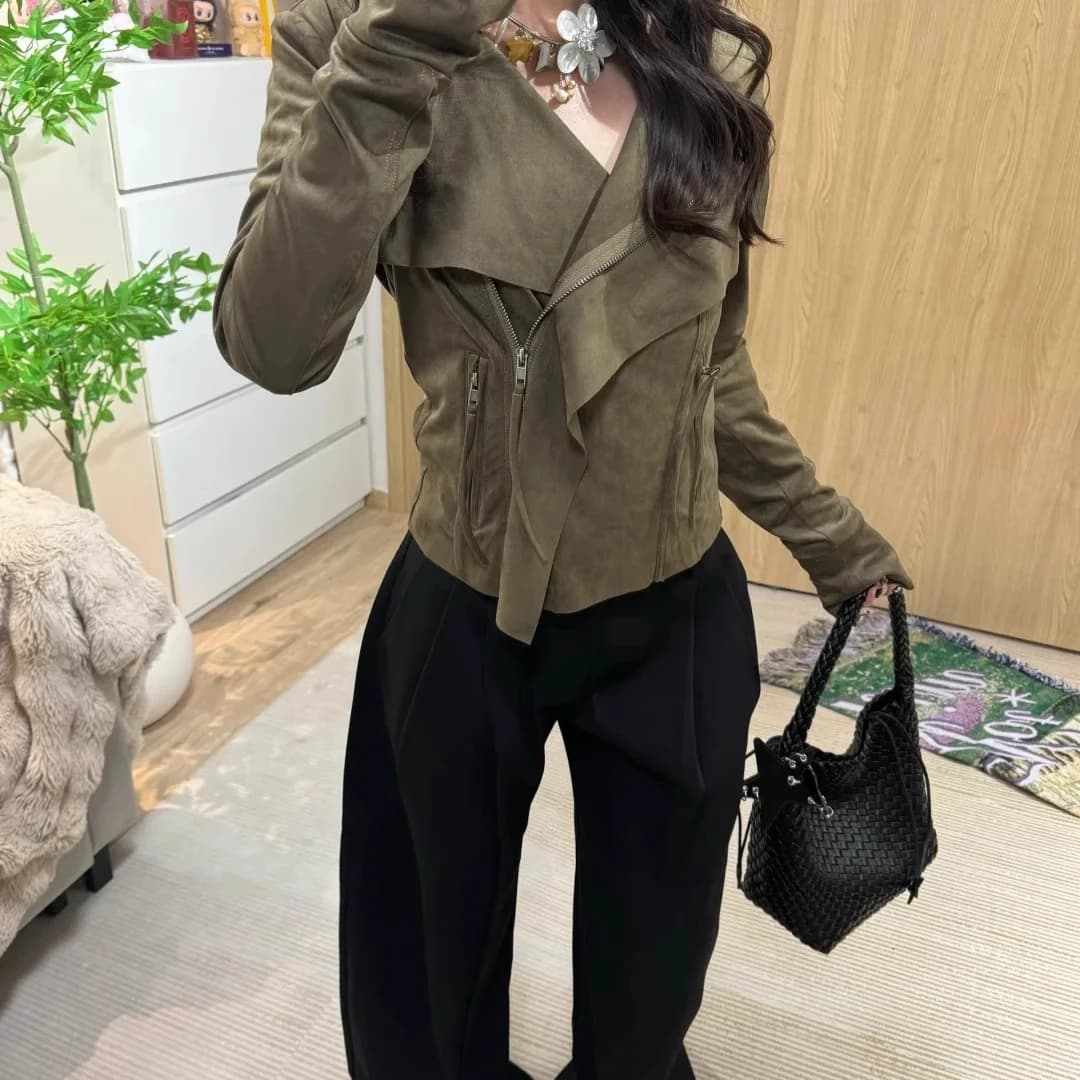 Street Style Suede Short Jacket Visual Series Slim Fit Stand Collar 3D Tailoring Women's Fashion Outerwear Summer 2025
