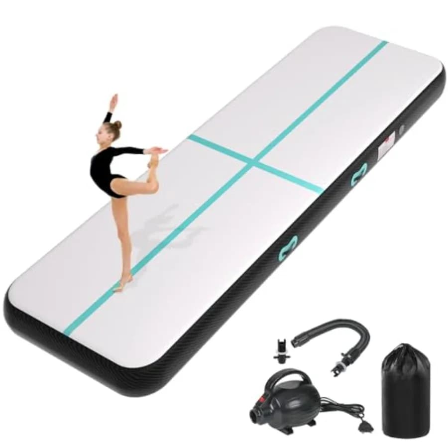 Inflatable acrobatic gymnastic mat, cheerleading, yoga, water and beach use; blue PVC material; 4/8 inch thickness.