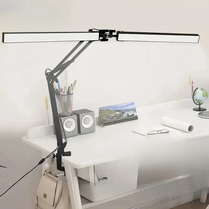 Lampada da Scrivania LED Dimmerabile a Doppia Testa con Braccio Orientabile e Morsetto, Luce Pieghevole Regolabile per Ufficio, Studio, Nail Art, Disegno