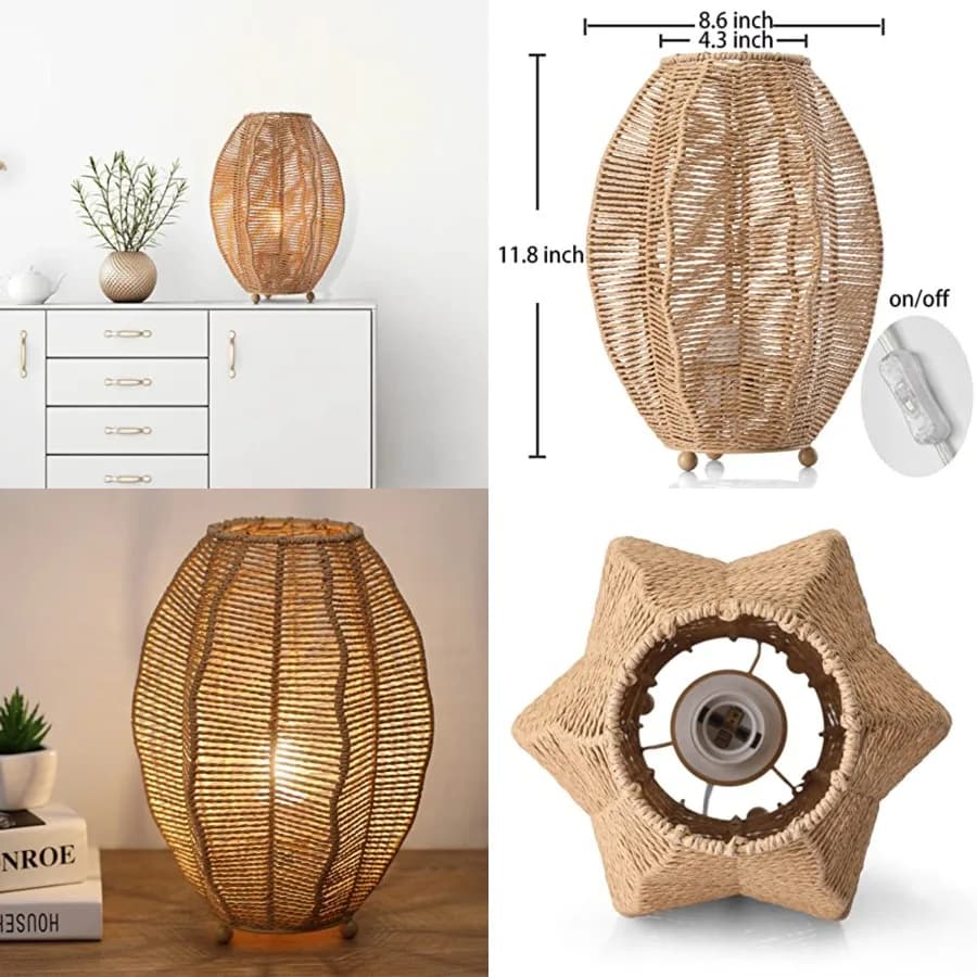 Lampada da Comodino in Rattan Intrecciato per Camera da Letto e Soggiorno, Lampada Boho Costiera, Lampada da Comodino Stile Fattoria, Lampada da Scrivania a Treppiede Mid-Century