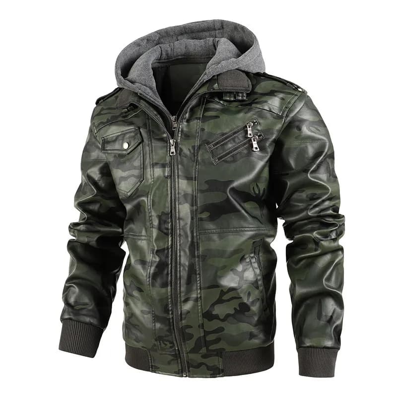 Men Hooded Leather Jackets Camouflage Casual Leather Coats New Male Street Wear Motorcycle Leather Jackets Hat Detachable 4XL