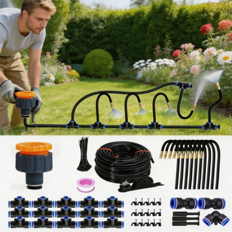 Sistema di raffreddamento a nebulizzazione per patio e giardino, kit universale fai-da-te con tubo flessibile da 8 mm e nebulizzatore per irrigazione e annaffiatura delle piante