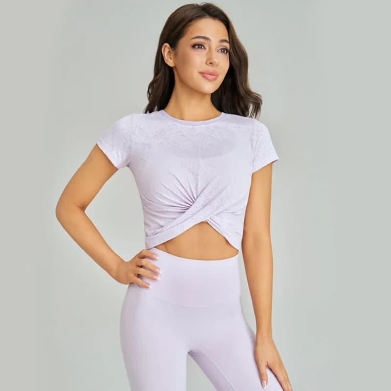 Nuova T-shirt da donna a maniche corte in tessuto jacquard con nodo, top sportivo traspirante ad asciugatura rapida con inserti in rete sul retro