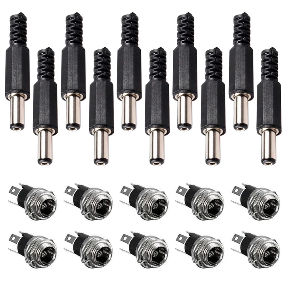 10Pairs DC Power Supply Jack Socket Female Panel Mount Connector 3-Pin 5.5 x 2.1mm with 5.5mm x 2.1mm DIY Male DC Power Plug