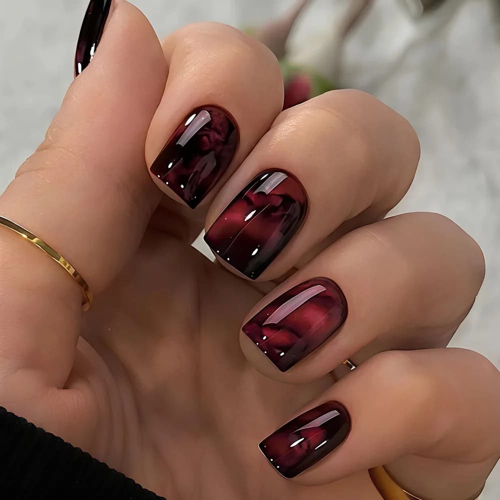 Autumn Winter Press On Nails Short Square Fake Nails 24pcs Glossy Dark Color Nail Art with 1 Jelly Glue and 1 Nail File