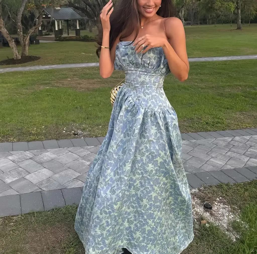 French Tube Top Floral Pendulum Long Dress Shoulder Waist Irregular Front Short Rear Long Tube Top Dress Y2K Vestidos