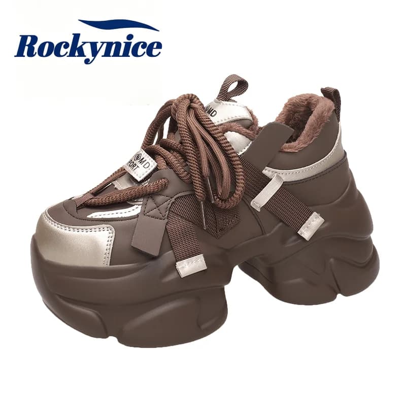 8CM Winter Women's Warm Chunky Fur Sneakers High Platform Sports Shoes Woman Thick Sole Leather Casual Shoes Zapatillas Mujer