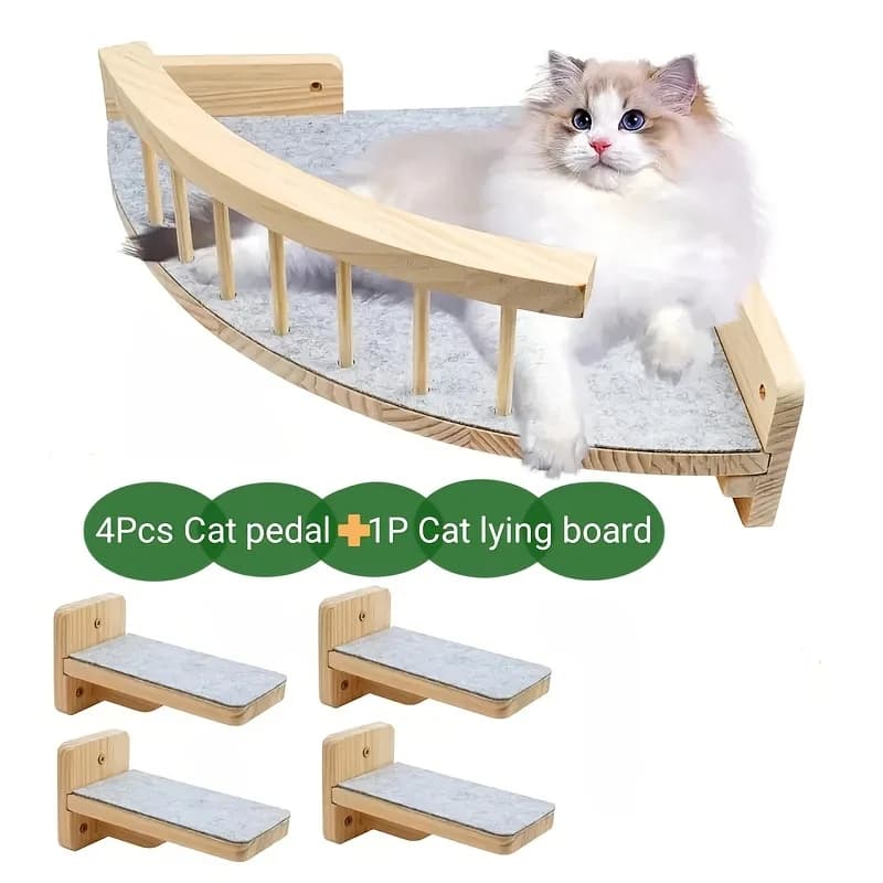 Scaffale per gatti da parete con 4 gradini, lettino per gatti da parete interno 13x13, con amaca per gatti in legno imbottita in feltro, con catenella per gatti