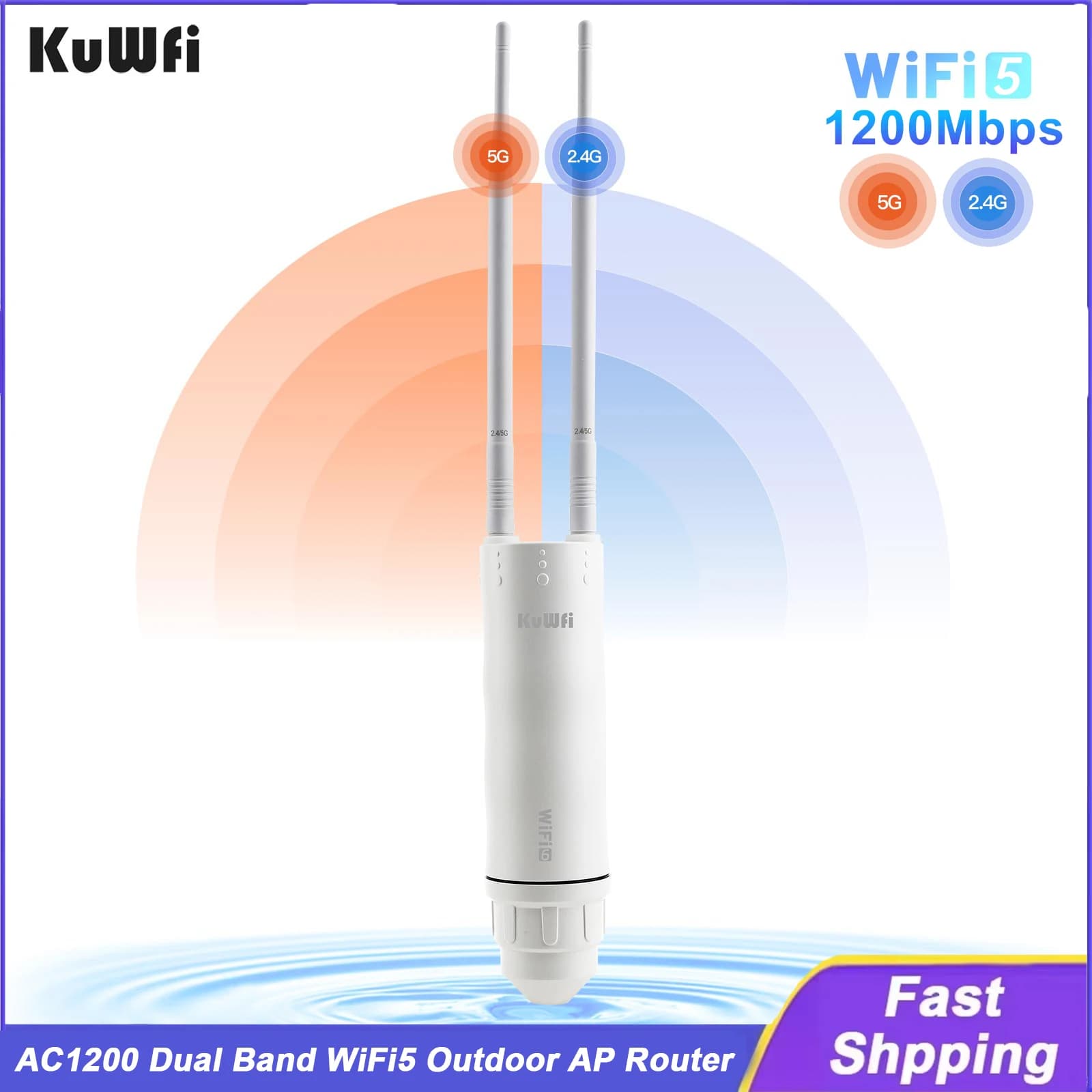 Router AP da Esterno KuWFi AC1200 Dual Band WiFi 5, Porta Ethernet Gigabit, 2 Antenne Staccabili, Modalità Ripetitore AP, IP67