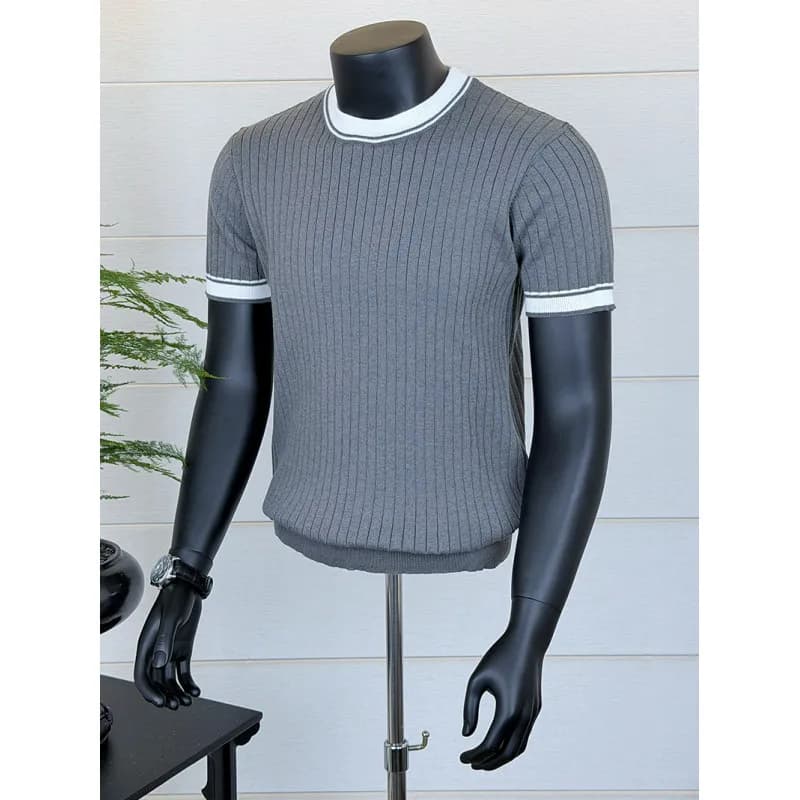 Spring Summer Color Blocked Round Neck Knitted T-shirt Men Slim Fit Short Sleeved T-shirt Men Ice Silk Casual Business Tshirts