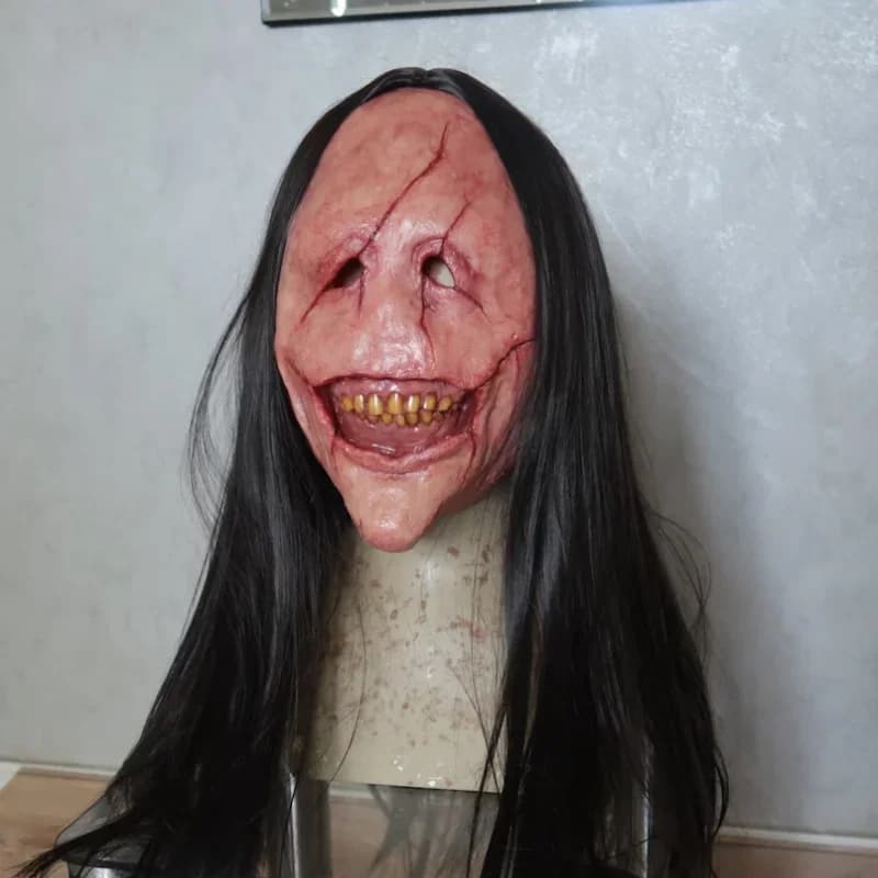 Maschera da diavolo per capelli lunghi horror di Halloween Maschera da diavolo per viso rosso Diavolo dentato Maschera per capelli lunghi in lattice Festa a tema