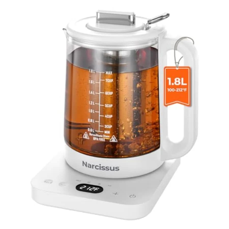 Bollitore Elettrico con Controllo della Temperatura ±5 ℉ Bollitore elettrico in vetro da 1,8 litri con infusore rimovibile per tè ai fiori e alla frutta 1200W F