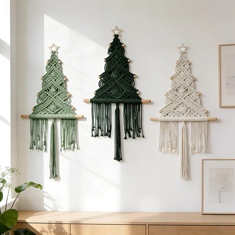 Macaron Hand Woven Christmas Tree Macrame Wall Hanging, Cotton Rope Wooden Stick Boho Tapestry, Xmas Wall Decor for Living Room