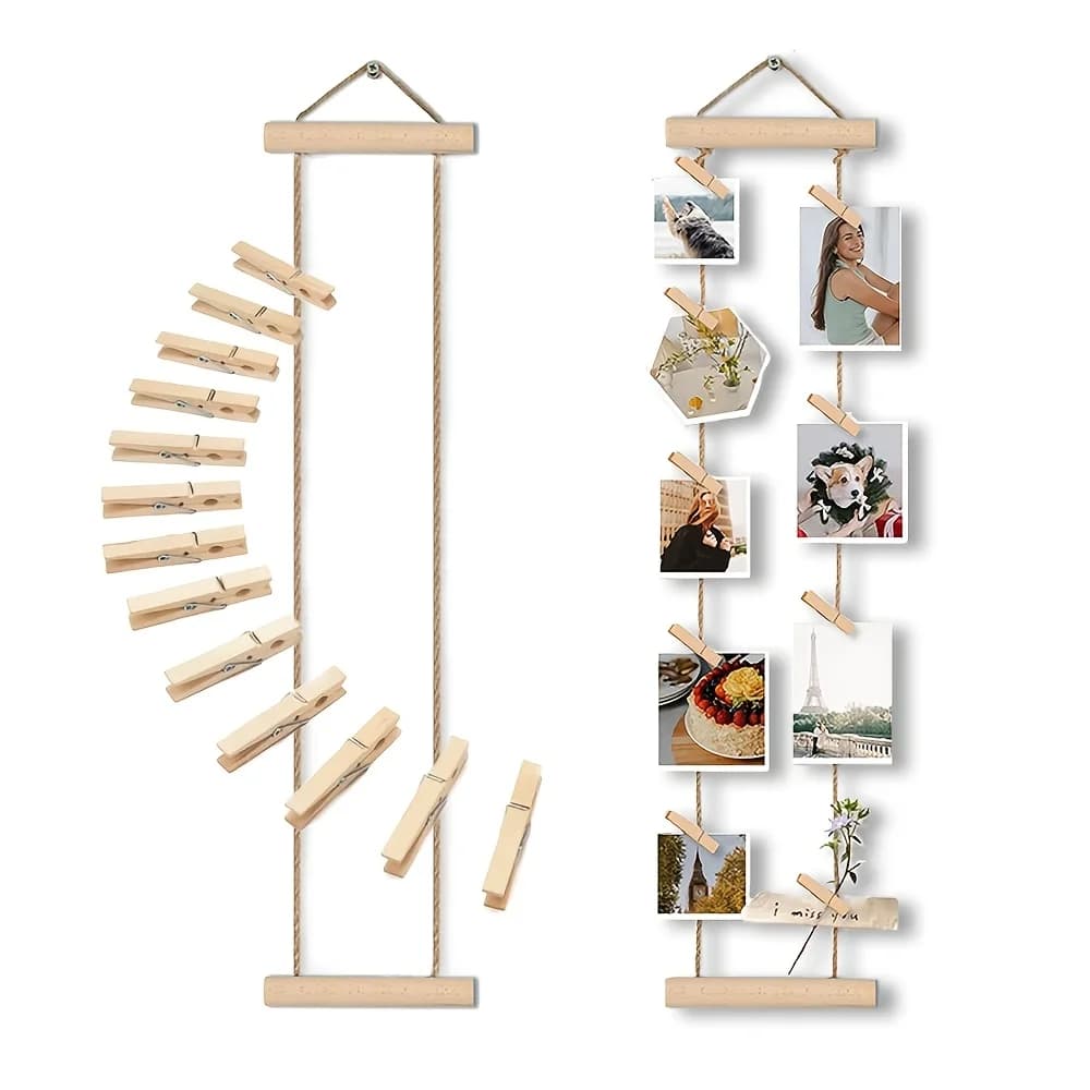 Wood Photo Hanging Rope with Wooden Clips, Multi-Photo Display Rack, Space-Saving for Dorm, Bedroom, Desk, and Wall Decorations
