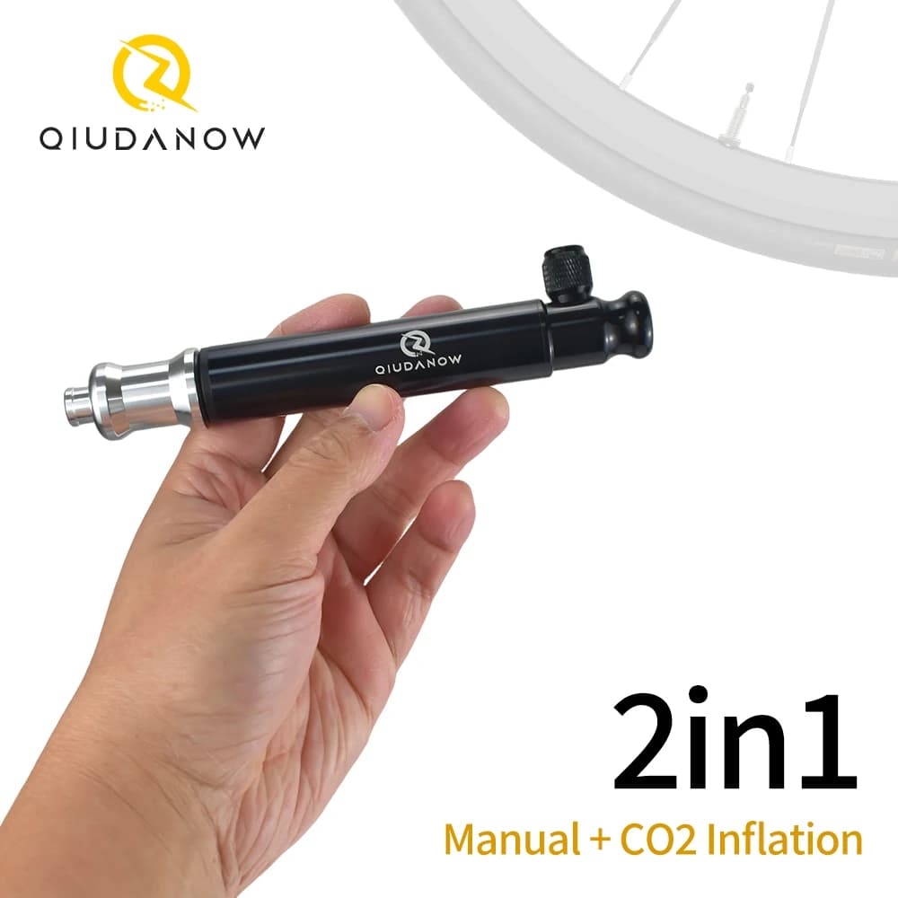 Pompa per Bicicletta Multifunzione 2-in-1 Qiudanow, Combinazione Manuale e Gonfiatore CO2 per Attrezzatura Ciclistica, Compatibile con Valvole Presta/Schrader