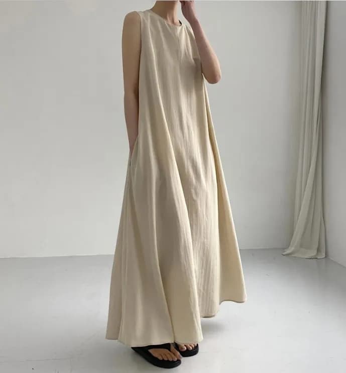 2025 Donne di Estate di Cotone E Lino Maxi Sling Dress Casual Allentato Orlo Grande Solido Vacanza Cachi Abiti Senza Maniche Vestaglie Y2K