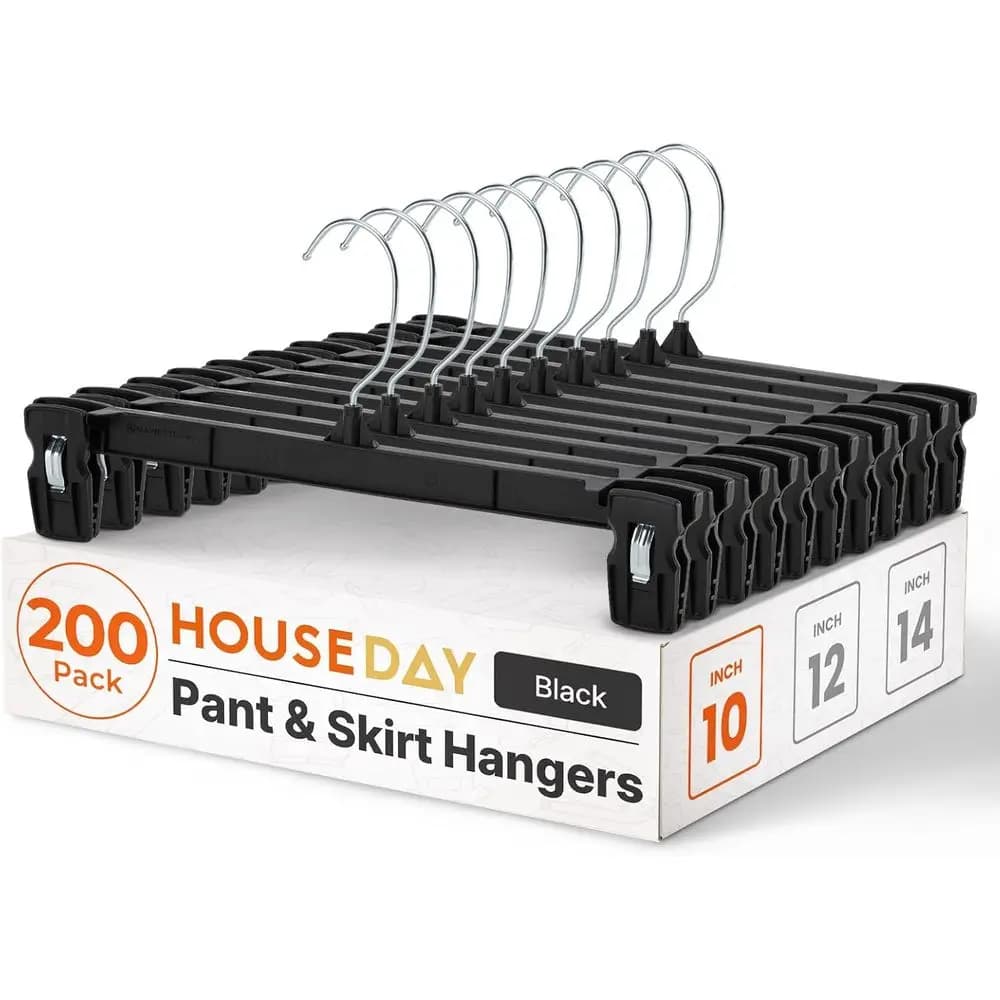 200 Pack Pants Hangers - 10 Inch Plastic Hangers with Non Slip Clips or Skirts, Jeans, Shorts, Trousers - Space Saving Clip Hang