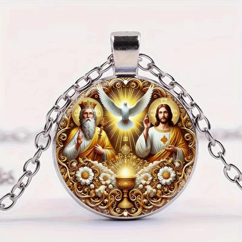 Round Holy Trinity Pendant Necklace Father Son Holy Spirit Glass Dome Necklaces Christian Faith Jewelry