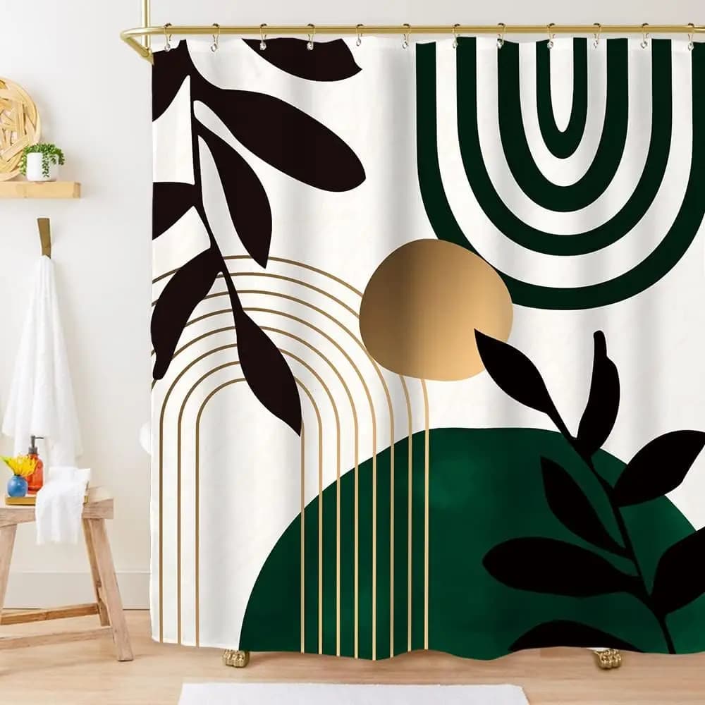Miy Kama Set di tende da doccia astratte verde smeraldo 60Wx71H pollici Modern Mid Century Sun Leaves Plant Estetica Neutro Semplice Ge