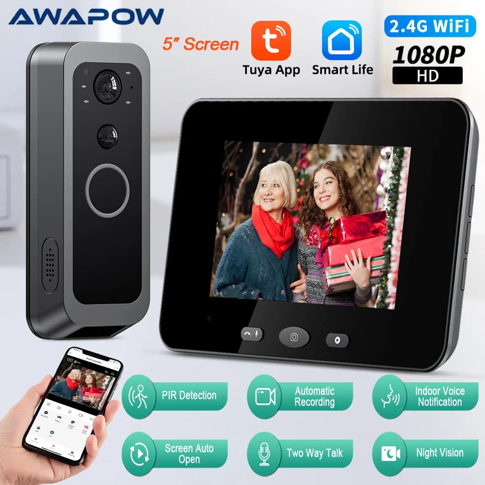 Campanello Wireless Awapow con Schermo da 5 Pollici, Videocitofono WiFi Intelligente per Esterni, Campanello Video per Sicurezza Domestica