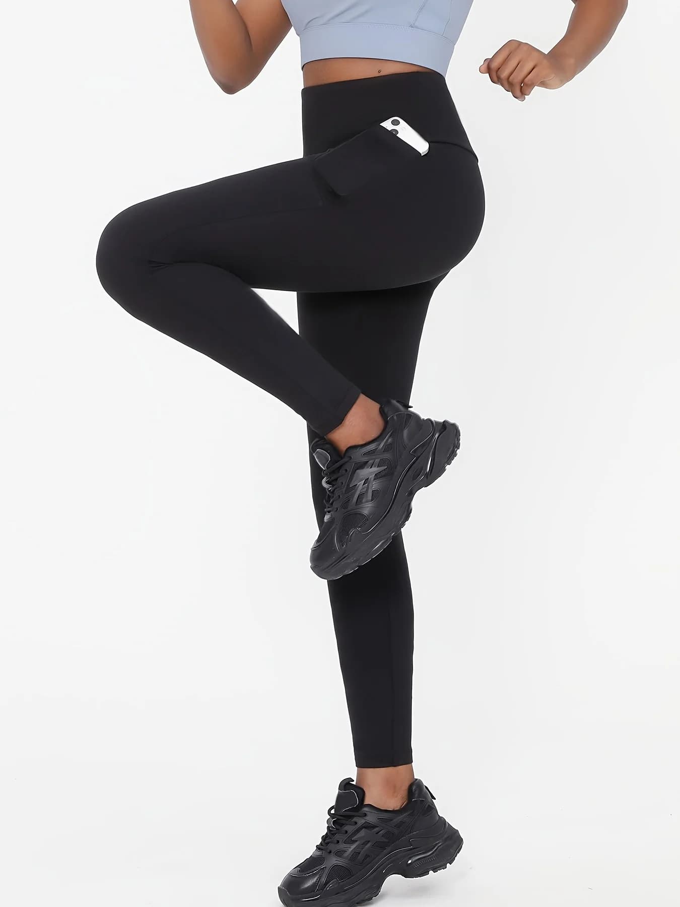 1 pair of high waist black yoga leggings for women, strong sizes, comfortable and elasticized, ideal for pilates, gym, running, hiking, fitness