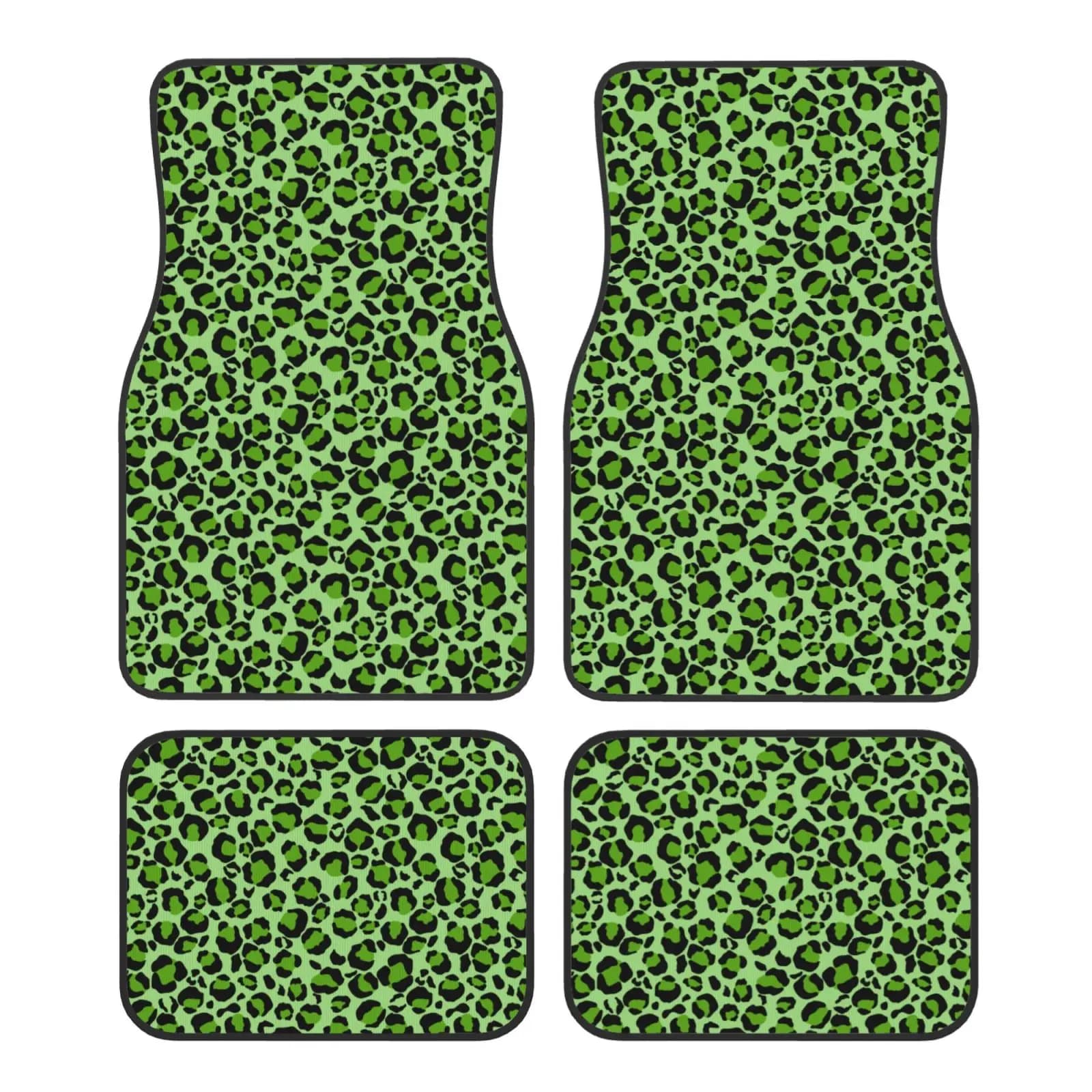 Green Leopard Print Car Floor Mats Non-Slip Carpets Rugs Front & Rear Car Foot Mats Set of 4 Pieces Auto Accessories Decor
