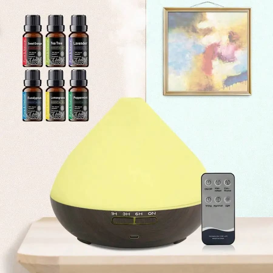 Diffusore di Aromi a Ultrasuoni con Telecomando, Luce LED Colorata, 6 Oli Inclusi per Casa e Ufficio